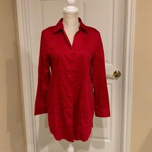 Chico’s Sz 1 red with black dots button down shirt, tunic length.
